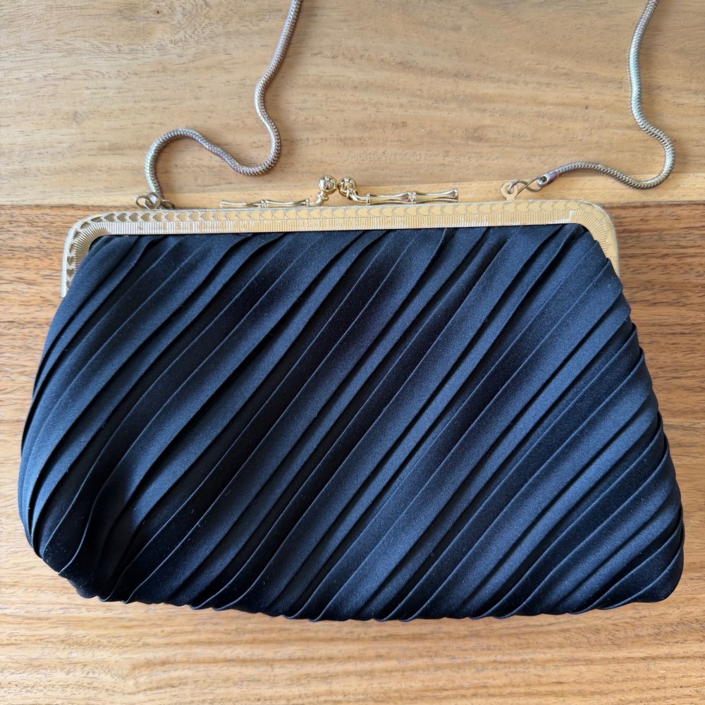 Vintage 50s Du-Val Black Satin Pleated Evening Clutch Bag Gold Frame Hong Kong - Picture 3 of 11